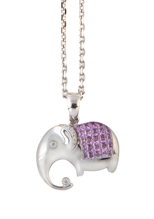 Cogante elefante de zafiros rosas y brillantes, con cadena 