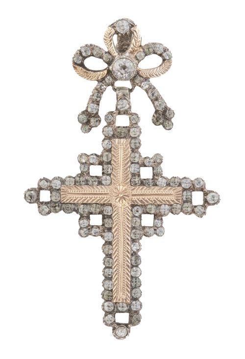 Cruz colgante S. XVIII de plata y strass con frente de oro 