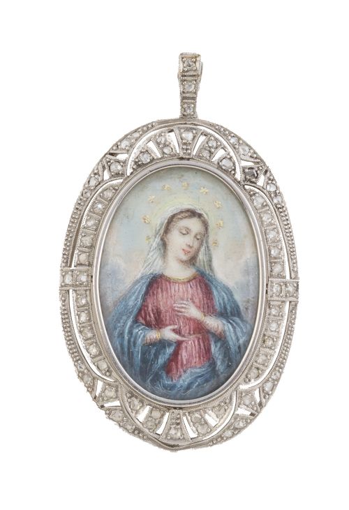 Colgante oval Art-Decó, con miniatura de Virgen en marco de