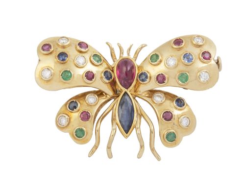 Broche mariposa con cuerpo de rubí y zafiro y alas de chato