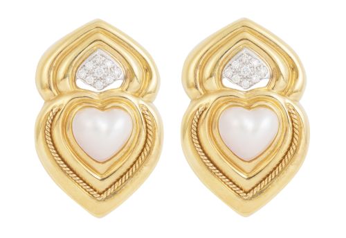 Pendientes con dobles corazones, con perla y brillantes