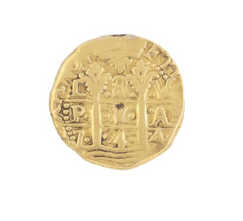 Moneda macuquina de 8 escudos Felipe V en oro 